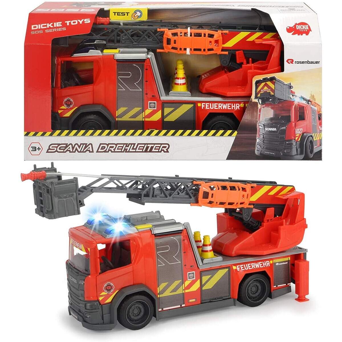 Dickie Toys Scania Feuerwehrwagen mit Drehleiter und Wasserspritzfunktion, inkl. Licht & Sound
