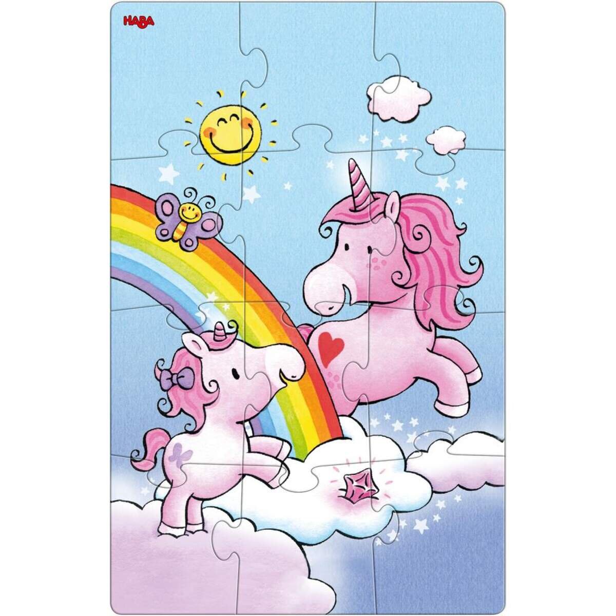 HABA 306164 Puzzles Einhorn Glitzerglück Rosalie & Friends, 2 x 12 Teile