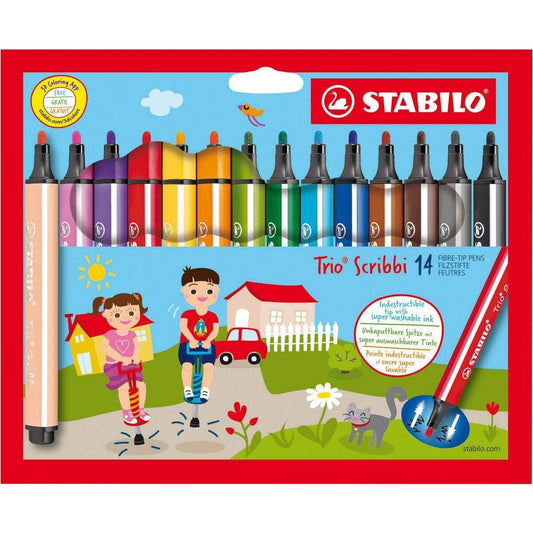 Gefederter Dreikant-Filzstift - STABILO Trio Scribbi - 14er Pack - mit 14 verschiedenen Farben