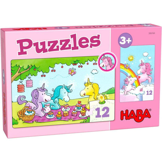HABA 306164 Puzzles Einhorn Glitzerglück Rosalie & Friends, 2 x 12 Teile