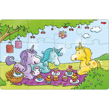 HABA 306164 Puzzles Einhorn Glitzerglück Rosalie & Friends, 2 x 12 Teile