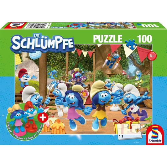 Schmidt Spiele Puzzle - Verschlumpfte Party, 100 Teile, mit Add-on (2 Figuren)