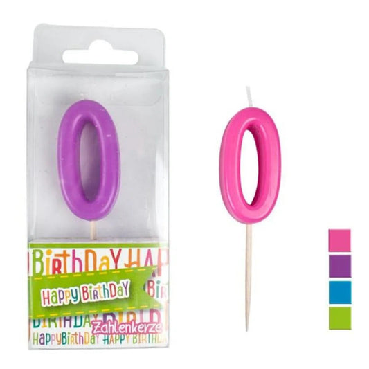 Trendhaus Geburtstagskerze Zahlenkerze 0, 1 Stück, 4-fach sortiert